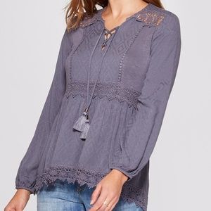 5 for $30 /KNOX ROSE Crochet Hem Lace-Up Neck Blue